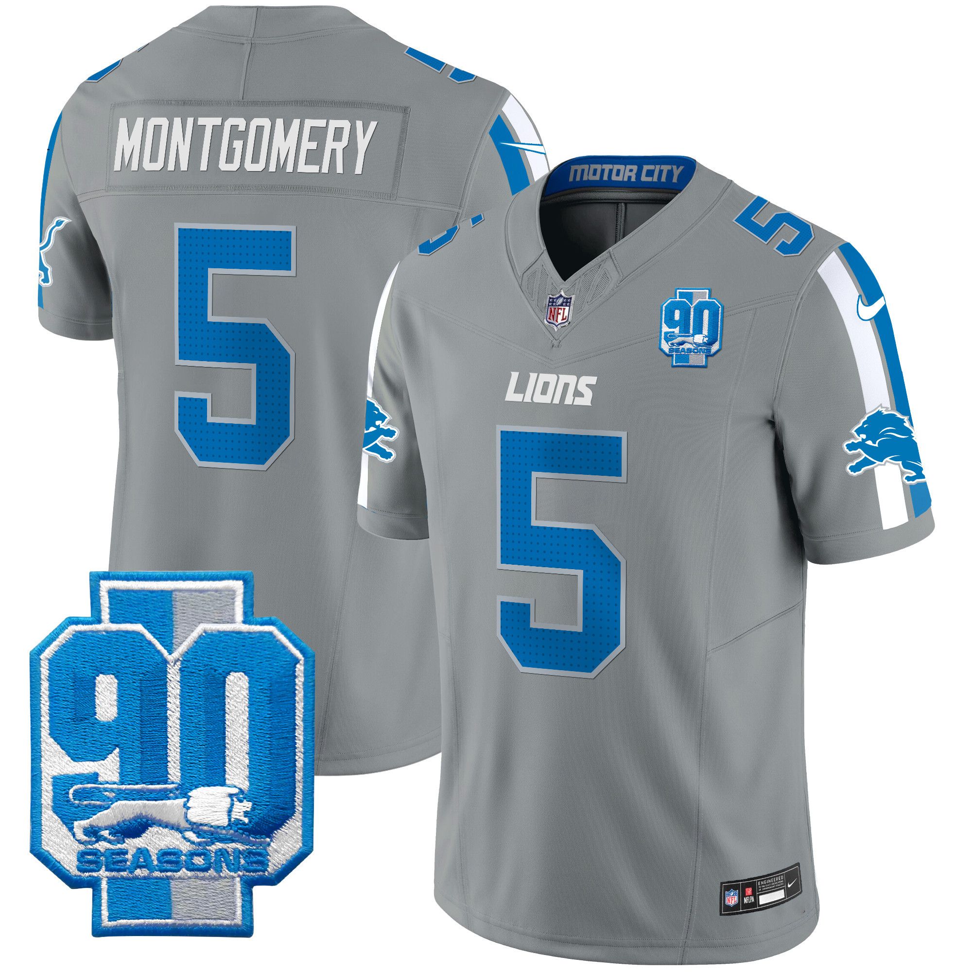 Men Detroit Lions 5 Montgomery Grey 2024 Nike 90th Year Patch Vapor Limited NFL Jersey